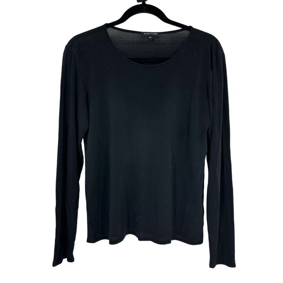 Eileen Fisher Womens M 100% silk Long Sleeve Top Black Round Neck Minimalist - Picture 1 of 8